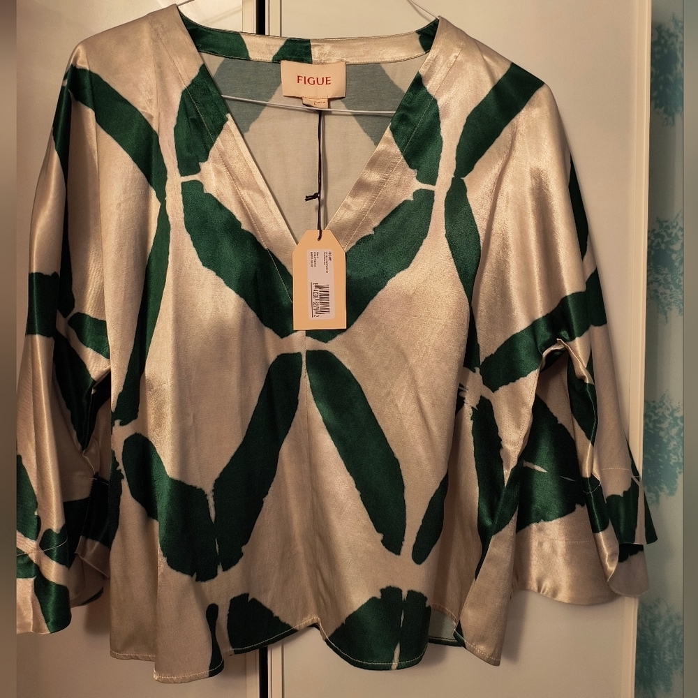 Figue Andromeda satin top green and beige abstract US L - Picture 5 of 6